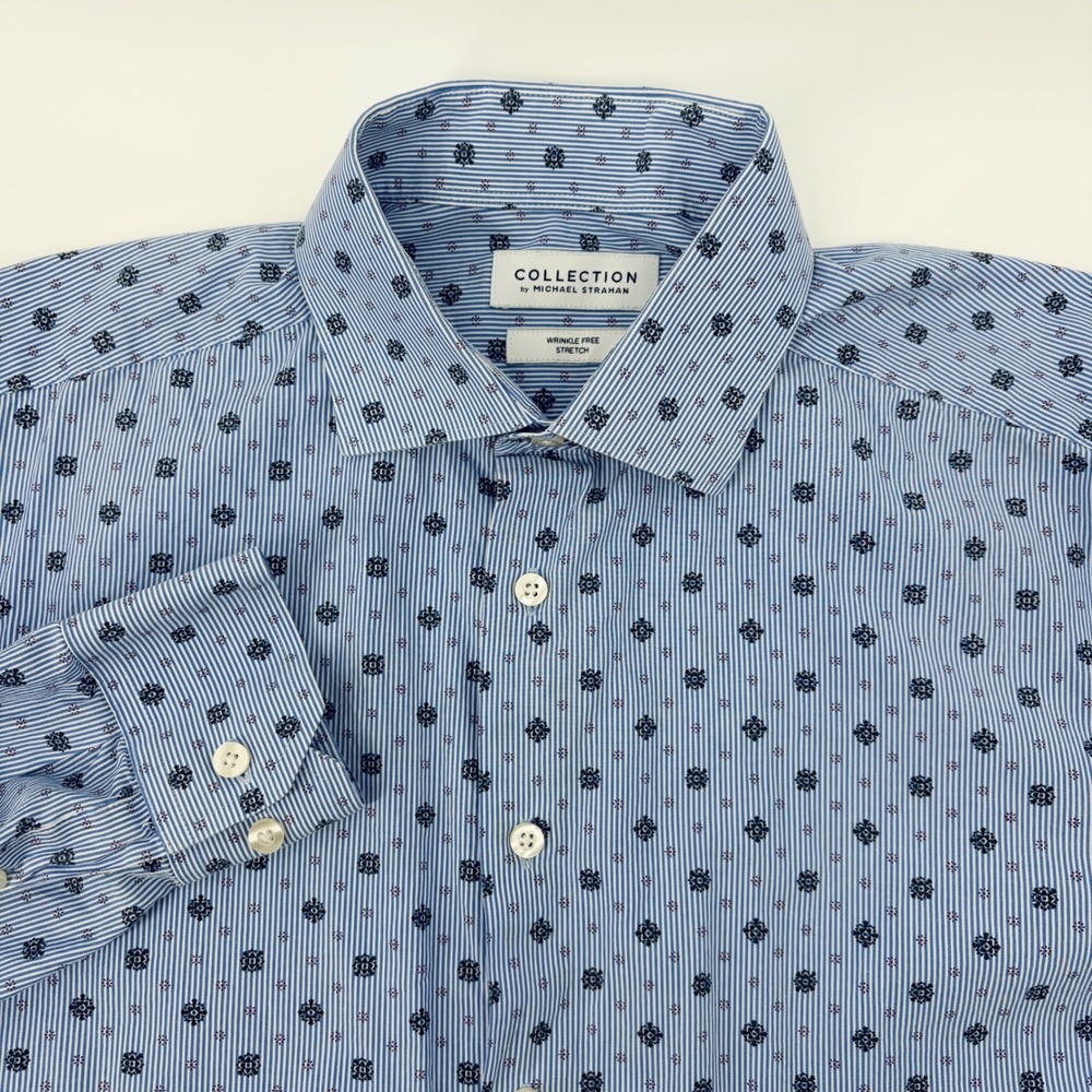 Collection by Michael Strahan Mens 16.5 Blue Striped Medallion Dress Shirt 32/33